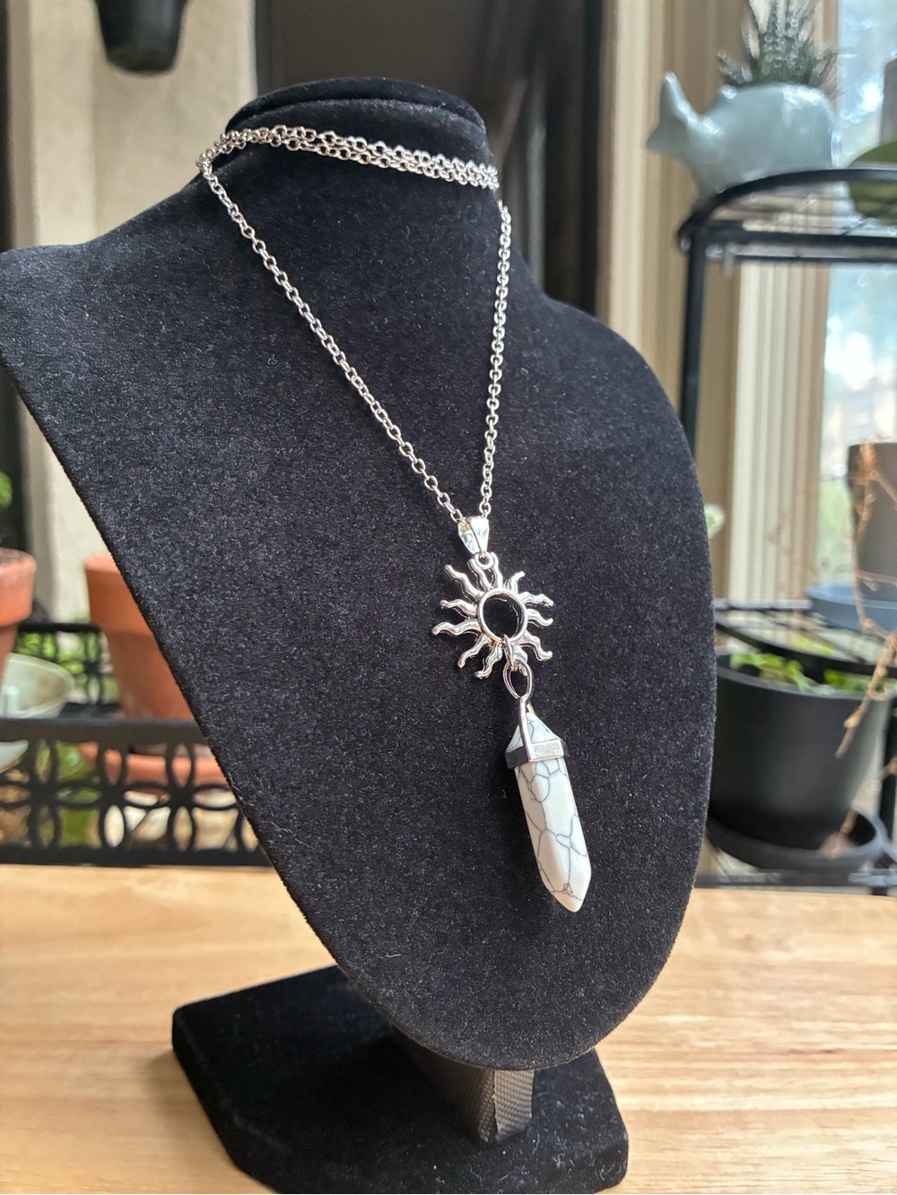 Celestial Sunburst & White Howlite Crystal Point Necklace | Silver Boho Pendant - Picture 3 of 7